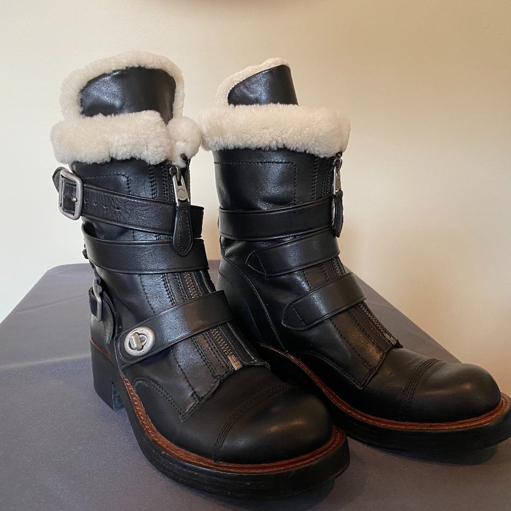 Coach Black with Cream Shearling Zip Moto Boots